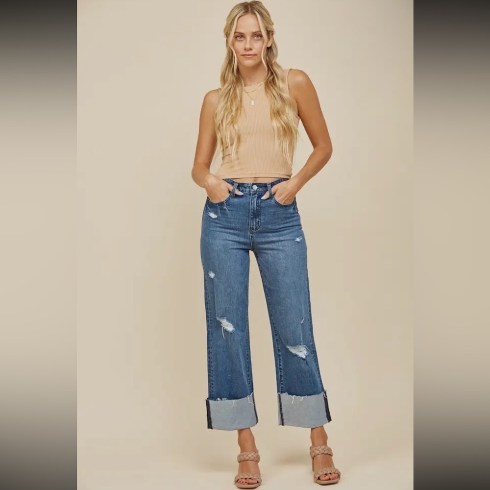 054- Straight Leg Boyfriend Blue Distressed Women's Jeans